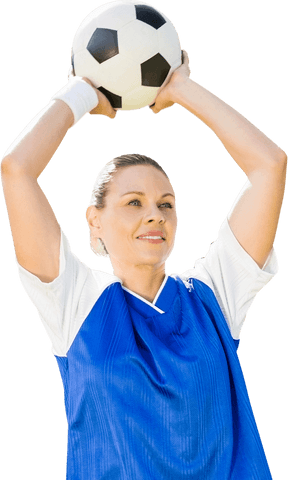 Happy female soccer player throwing ball transparent background