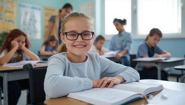 Smiling young student in classroom with open textbook