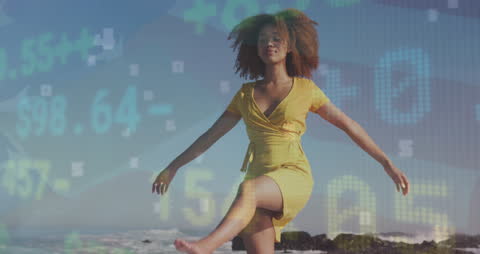 Woman Enjoying Beach with Stock Market Overlay