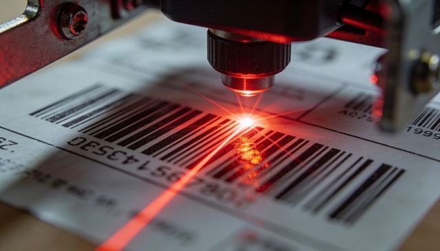 Scanning Red Laser Over Barcode on Shipping Label Closeup for Industrial Automation