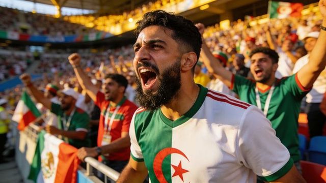 Passionate algerian football fans cheering and celebrating in sunlit stadium crowd
