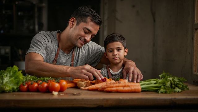 Father and son preparing fresh vegetables together on rustic kitchen counter for cooking
