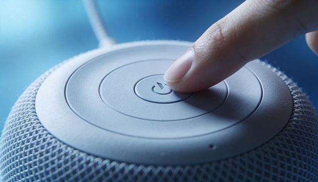 Index finger pressing smart speaker power button close-up featuring circular rings and braided cable