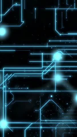 Pulsing neon circuit grid tracing vertical data pathways in futuristic digital void
