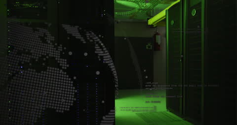 Futuristic Data Center with Digital Globe Projection