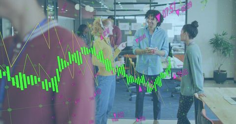 Business Team Discussing in Office with Digital Data Overlay