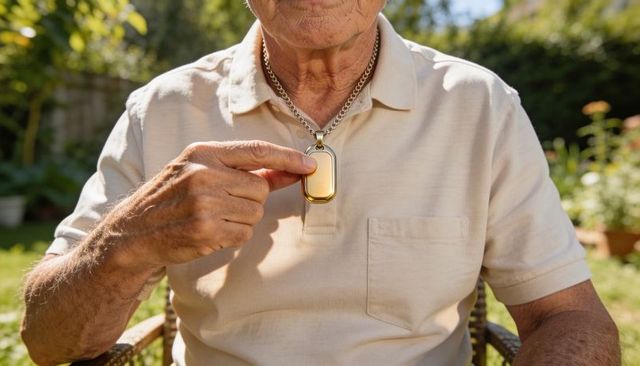 Senior man pointing at gold dog-tag pendant on thick chain wearing beige polo in garden