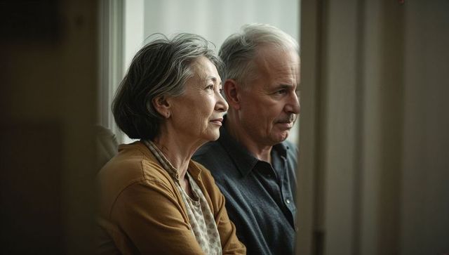 Senior couple gazing through window sharing quiet companionship and reflective moment