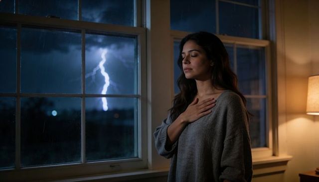 Woman practicing mindfulness during lightning storm by window, nighttime home interior