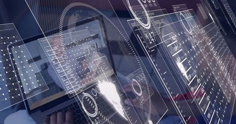 Futuristic Holographic HUD Displaying Financial Analytics Over Laptop in Business Workflow