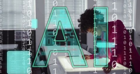 Designer in pink blazer marking plans on lightbox with ai binary overlay