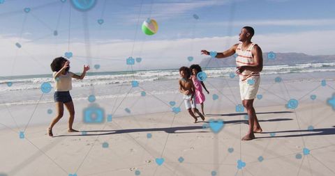 Family playing beach ball on sunny shore with social media network overlay and icons
