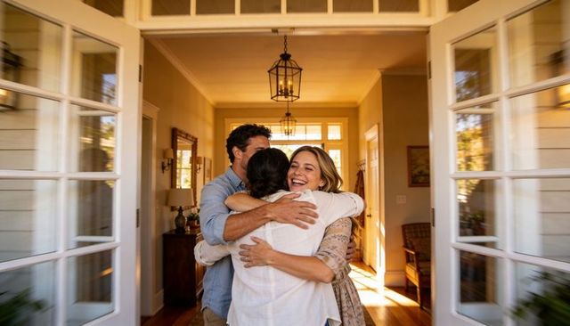 Three adults reuniting with warm embrace in sunlit foyer entryway