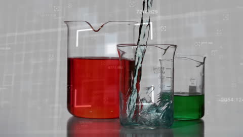 Science Concept with Beaker Water Motion and Digital Interface Overlay