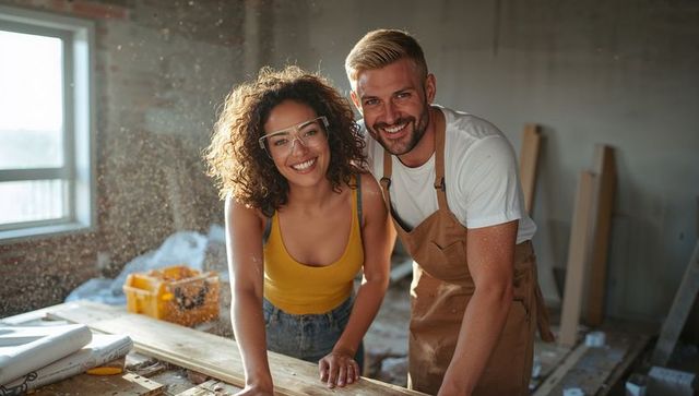 Smiling couple renovating home leaning on wooden plank in sunlit workshop