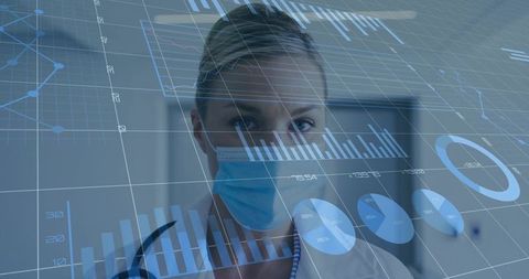 Female Doctor Wearing Mask Analyzing Digital Health Data, Holographic Medical Charts