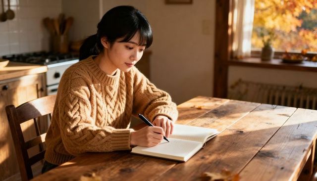 Sunlit autumn morning: young woman wearing cozy knit sweater writing journal at rustic kitchen table