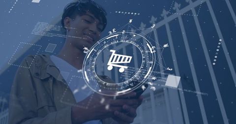 Young man tapping smartphone with ecommerce cart hud overlay on modern urban facade