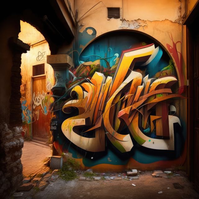 Alley with wall covered in colorful graffiti created using generative ai technology. Graffiti, urban art and colour concept digitally generated image.