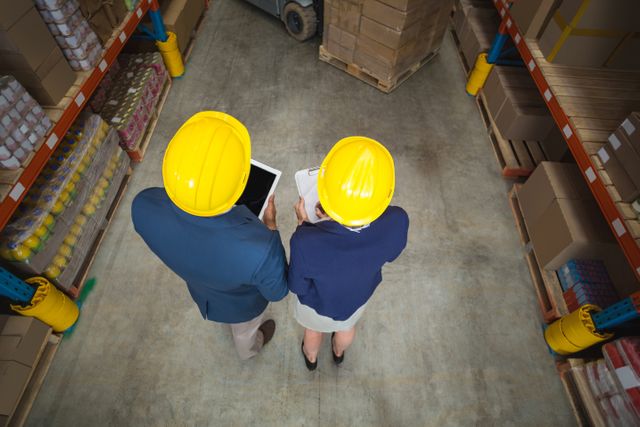 Warehouse manager and client wearing hard hats standing in warehouse discussing inventory. Ideal for use in articles about logistics, supply chain management, business operations, industrial settings, and teamwork in business environments.
