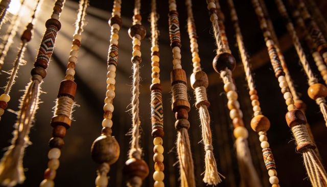 Bohemian wooden bead curtain creating warm rustic divider with twine strands and texture