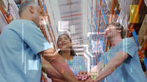 Diverse Volunteers in Warehouse Communicating with Digital Overlay