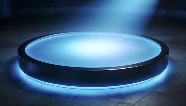 Futuristic glowing circular platform with blue led halo for tech presentations