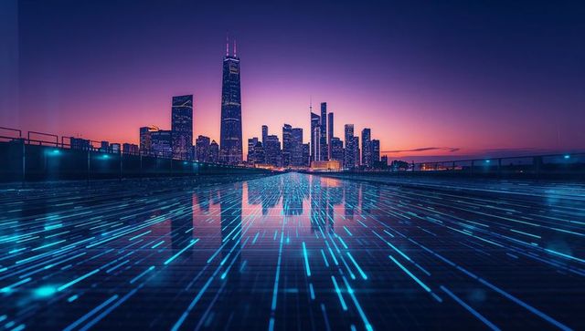Futuristic Cityscape with Neon Grid and Skyscrapers at Dusk