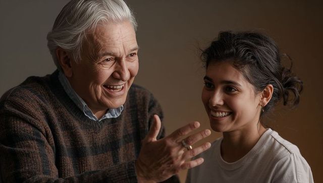 Warm intergenerational conversation: smiling senior man and young woman sharing connection
