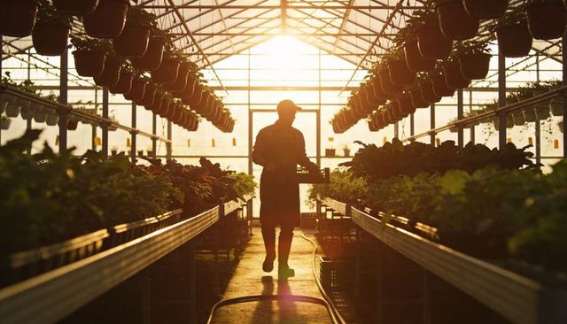 Backlit greenhouse worker carrying crate down central aisle during golden hour