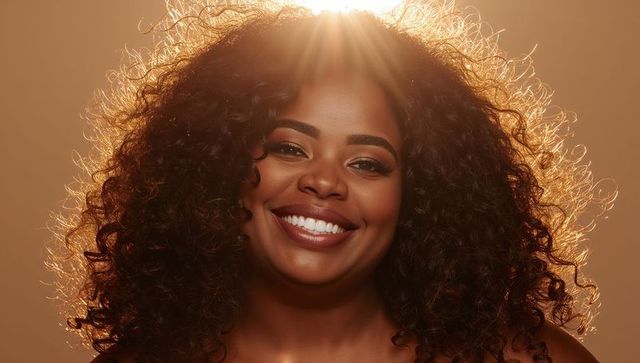 Smiling black woman radiating warm backlit halo, curly hair, natural makeup, bare shoulders