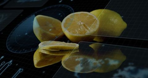 Citrus tech concept: futuristic lemons on reflective tabletop with digital hud