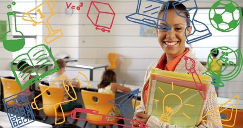 Smiling Teacher in Classroom Surrounded by Education Icons