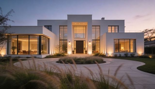 Twilight minimalist two-story white stucco residence showing glass wings and circular drive