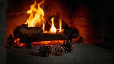 Crackling Fireplace with Glowing Log Casting Warm Flicker over Pinecones on Hearth