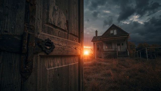 Abandoned house behind ajar door at sunset in rural field