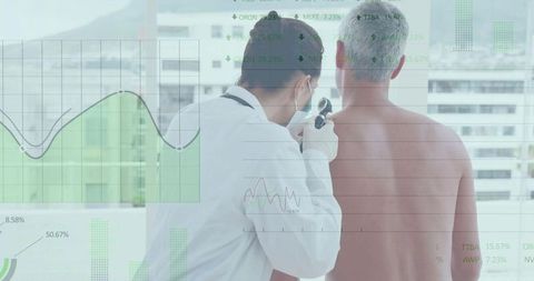 Dermatologist examining patient back with dermatoscope and medical data overlay