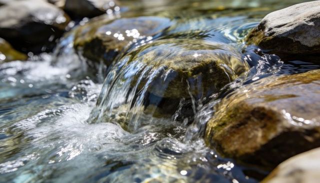 Water pouring over moss-covered rock forming glassy dome in mountain stream