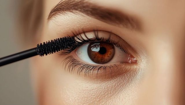 Closeup brown eye applying mascara wand for voluminous lashes and natural makeup