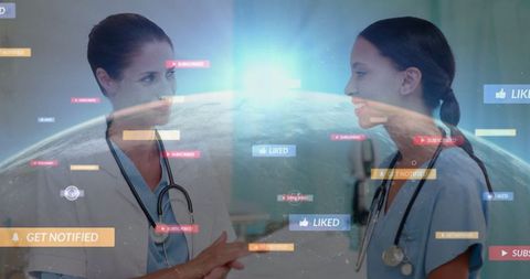 Medical professionals discussing innovations with digital overlay