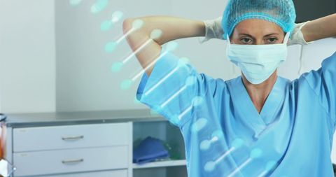 Female Doctor Preparing for Surgery with Digital DNA Interface