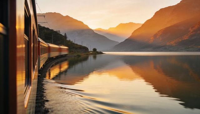 Sunset lakeside train curving along mountain shoreline reflecting golden light mirror water