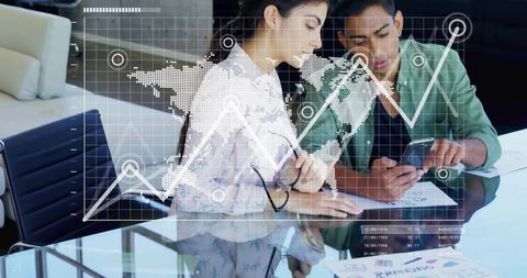 Young professionals analyzing global data on mobile with analytics overlay and branding charts