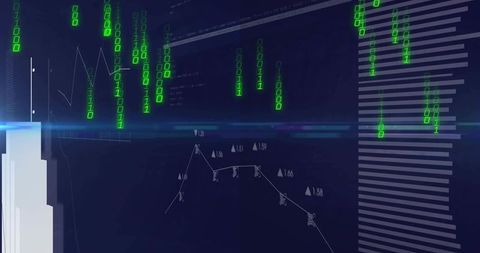Holographic Finance Dashboard Streaming Neon Binary Code and Dynamic Line Graph Analytics