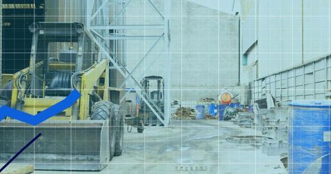 Yellow wheel loader occupying left yard with forklift, drums and blue grid overlay
