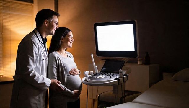 Expectant mother and doctor viewing ultrasound monitor during prenatal checkup at clinic