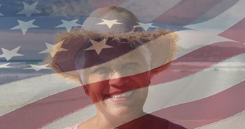 Smiling Senior Woman at Beach with American Flag Overlay