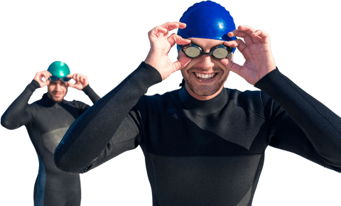 Caucasian Male Swimmers Preparing with Goggles on Transparent Background