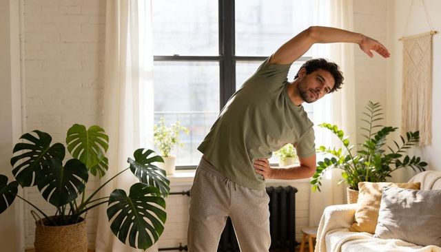Man performing side-bend stretch in sunlit plant-filled living room for home yoga