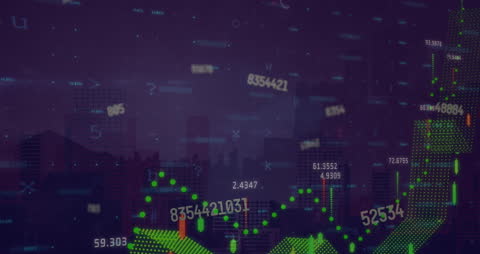 Visually projected financial data graphics moving over a silhouetted urban cityscape. Green numeric values rise with graph lines, suggesting stock market or economic growth trends. Ideal for use in presentations, financial services marketing, technology-focused topics, and innovative business strategy themes.
